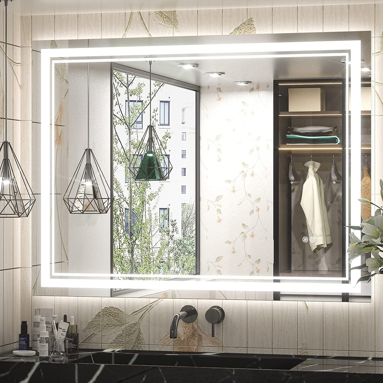 Miroir de salle de bain mural en verre trempé antibuée avec éclairage LED avant et arrière pleine grandeur