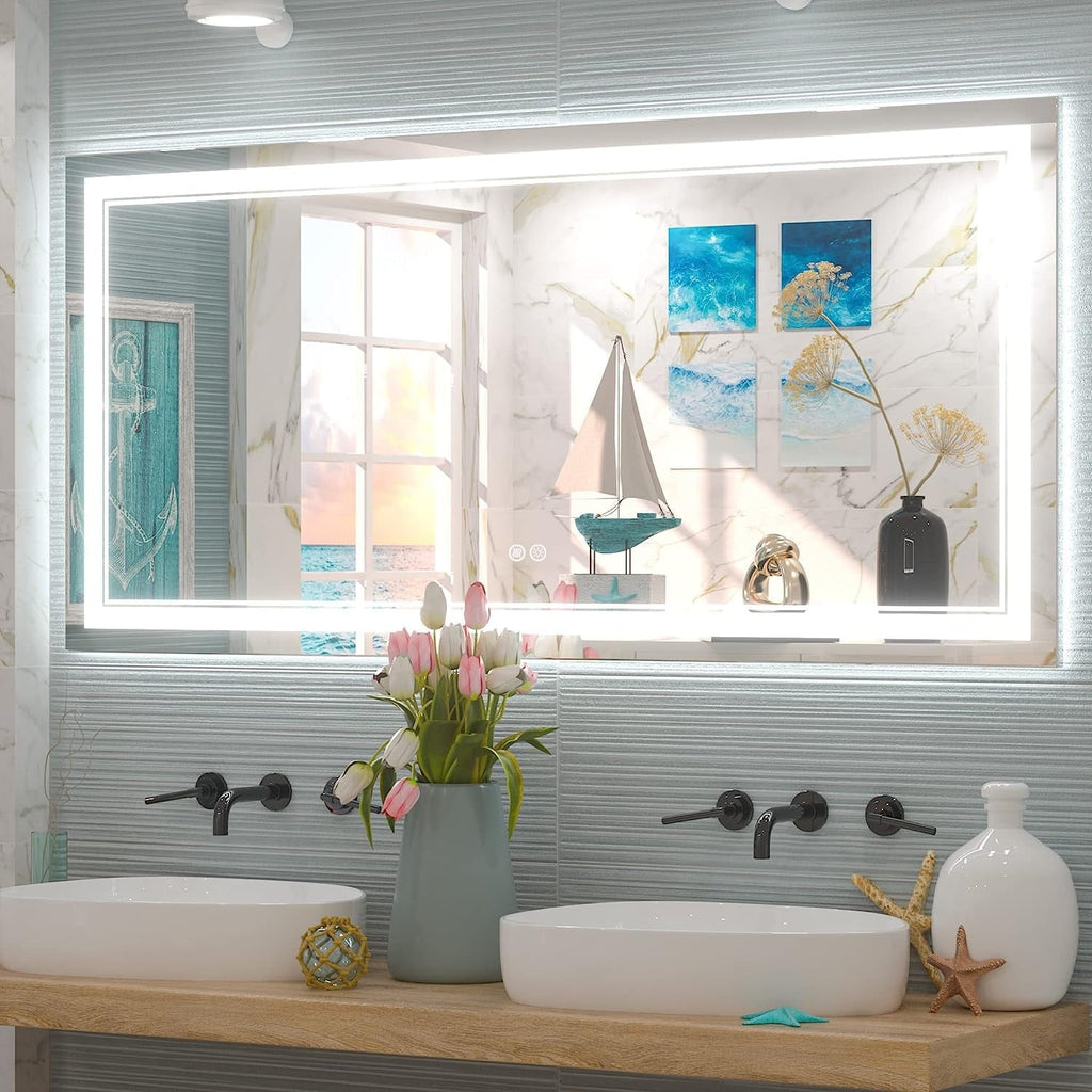 Miroir de salle de bain mural en verre trempé antibuée avec éclairage LED avant et arrière pleine grandeur