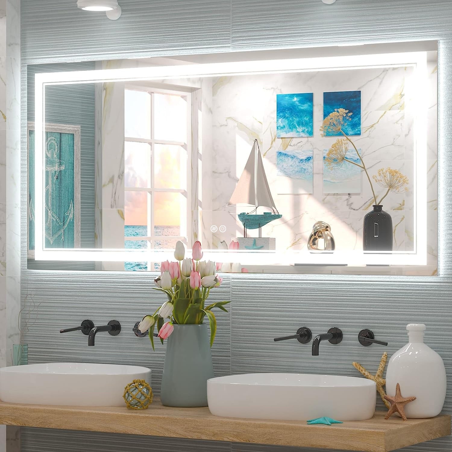 Miroir de salle de bain mural en verre trempé antibuée avec éclairage LED avant et arrière pleine grandeur