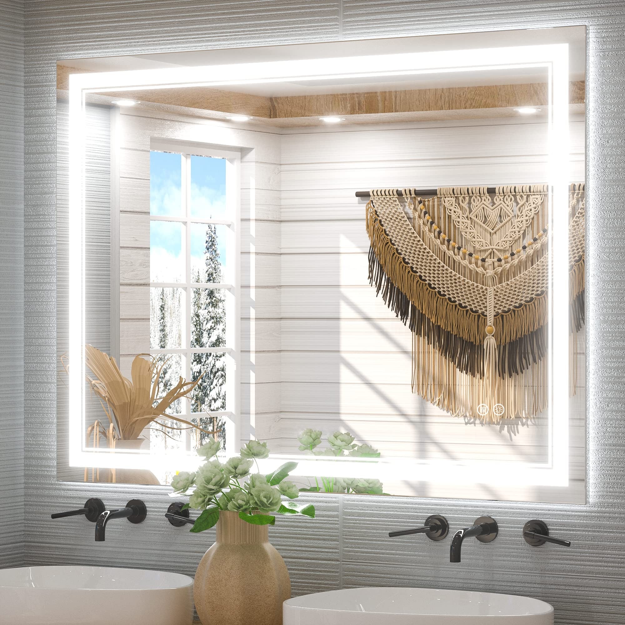 Miroir de salle de bain mural en verre trempé antibuée avec éclairage LED avant et arrière pleine grandeur
