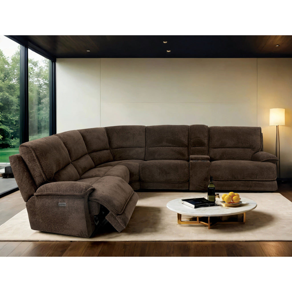 Canapé sectionnel inclinable brun foncé moderne Renic de Furniture of America avec console et ports USB