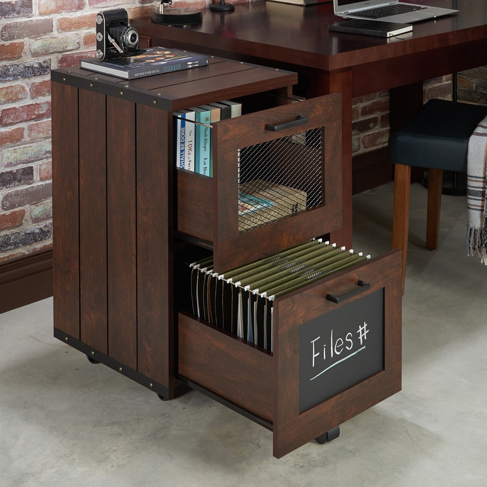 Classeur rustique en noyer à 2 tiroirs avec fenêtre, par Furniture of America