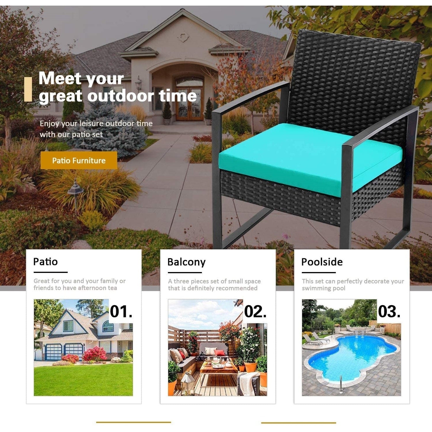 Ensemble de 3 chaises de patio Furniwell avec table basse