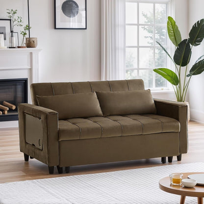 Canapé convertible en velours de 55 pouces, canapé futon 3 en 1 avec lit gigogne, table d'appoint à dossier réglable et 2 coussins lombaires