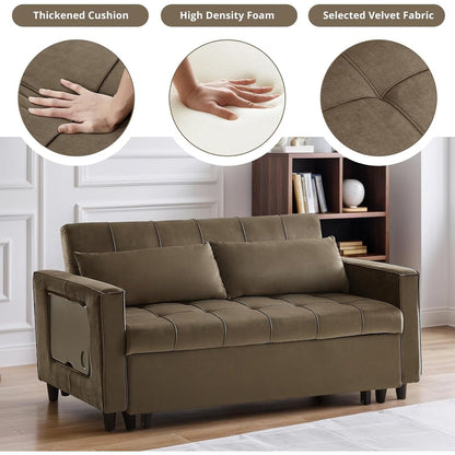 Canapé convertible en velours de 55 pouces, canapé futon 3 en 1 avec lit gigogne, table d'appoint à dossier réglable et 2 coussins lombaires