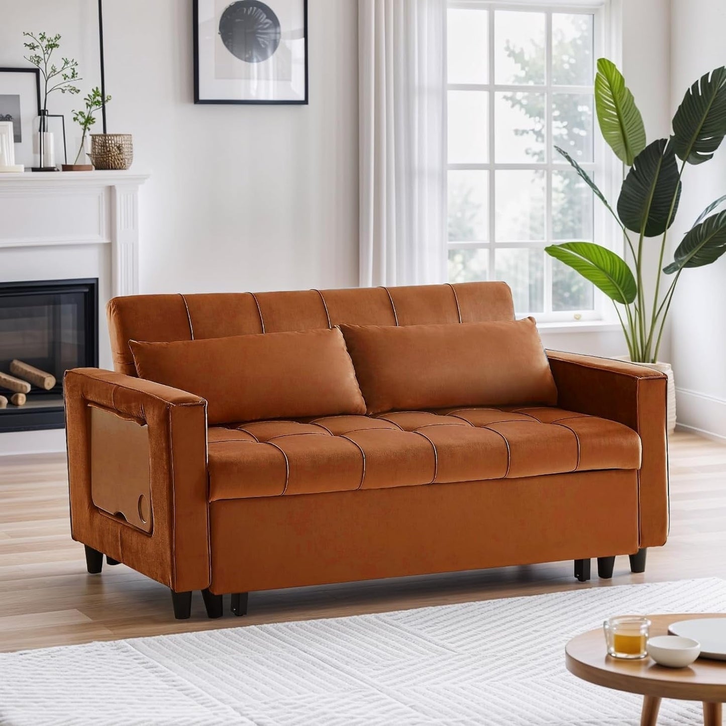 Canapé convertible en velours de 55 pouces, canapé futon 3 en 1 avec lit gigogne, table d'appoint à dossier réglable et 2 coussins lombaires