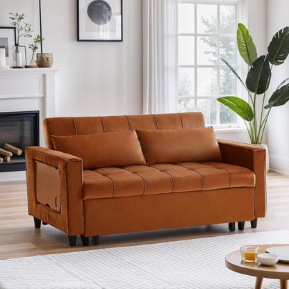 Canapé convertible en velours de 55 pouces, canapé futon 3 en 1 avec lit gigogne, table d'appoint à dossier réglable et 2 coussins lombaires