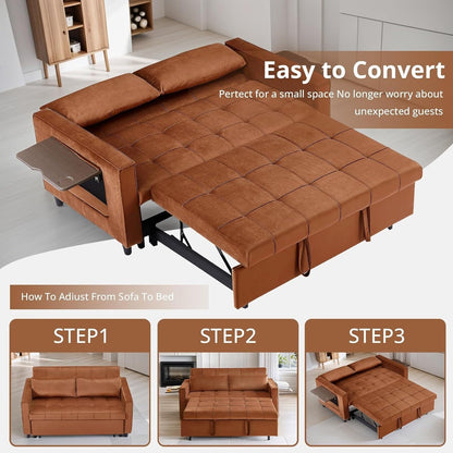 Canapé convertible en velours de 55 pouces, canapé futon 3 en 1 avec lit gigogne, table d'appoint à dossier réglable et 2 coussins lombaires
