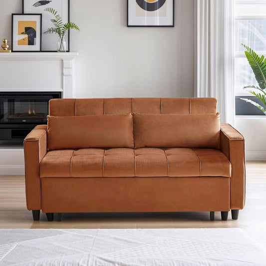 Canapé convertible en velours de 55 pouces, canapé futon 3 en 1 avec lit gigogne, table d'appoint à dossier réglable et 2 coussins lombaires