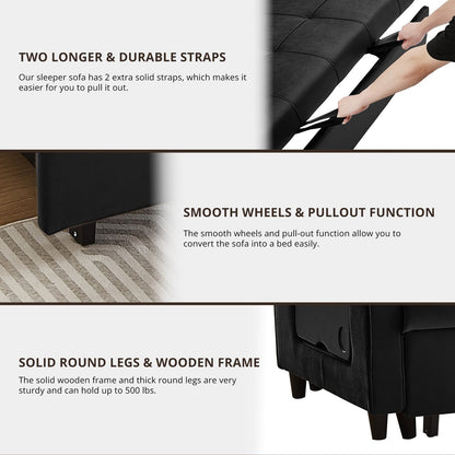 Canapé convertible en velours de 55 pouces, canapé futon 3 en 1 avec lit gigogne, table d'appoint à dossier réglable et 2 coussins lombaires