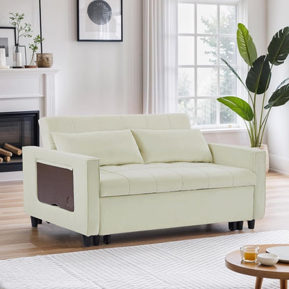 Canapé convertible en velours de 55 pouces, canapé futon 3 en 1 avec lit gigogne, table d'appoint à dossier réglable et 2 coussins lombaires
