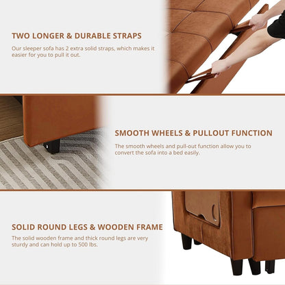 Canapé convertible en velours de 55 pouces, canapé futon 3 en 1 avec lit gigogne, table d'appoint à dossier réglable et 2 coussins lombaires