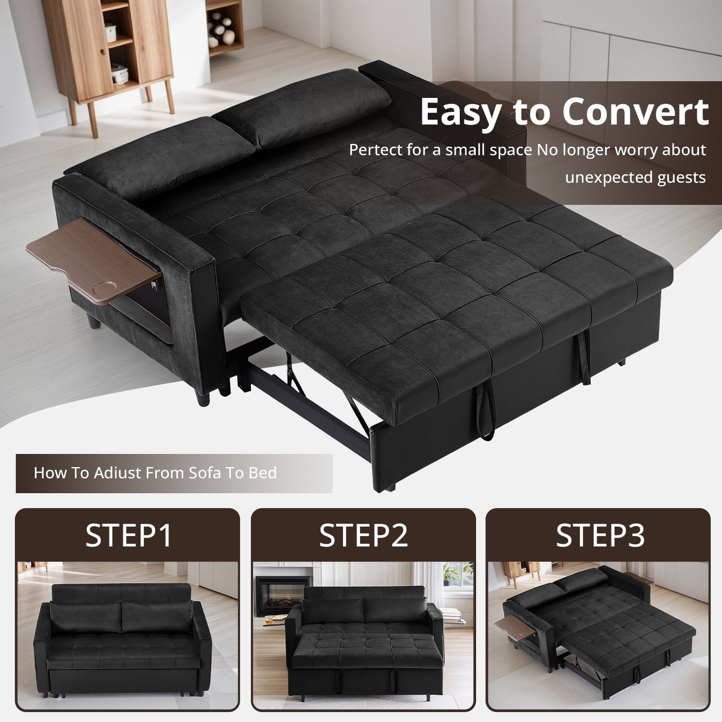 Canapé convertible en velours de 55 pouces, canapé futon 3 en 1 avec lit gigogne, table d'appoint à dossier réglable et 2 coussins lombaires