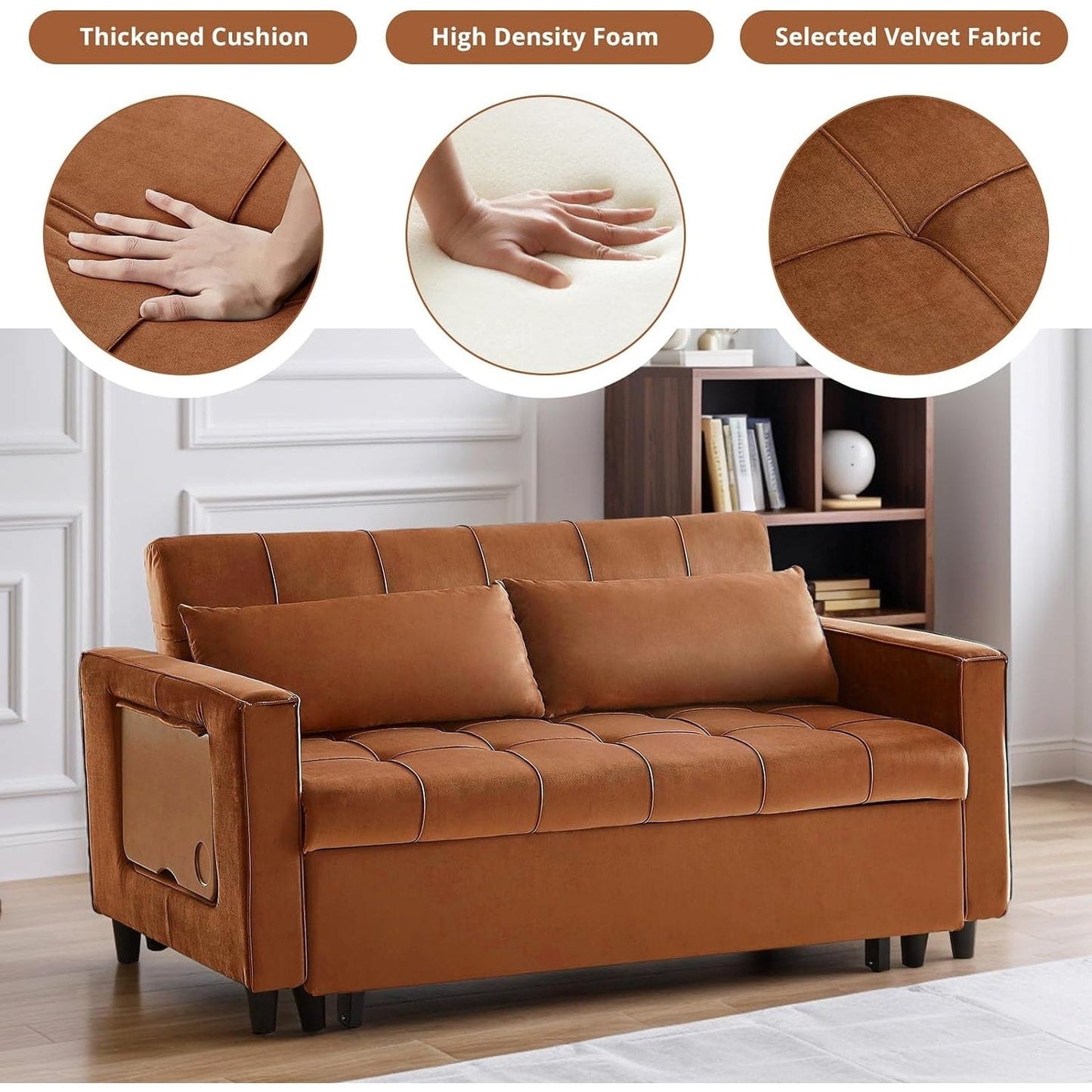 Canapé convertible en velours de 55 pouces, canapé futon 3 en 1 avec lit gigogne, table d'appoint à dossier réglable et 2 coussins lombaires