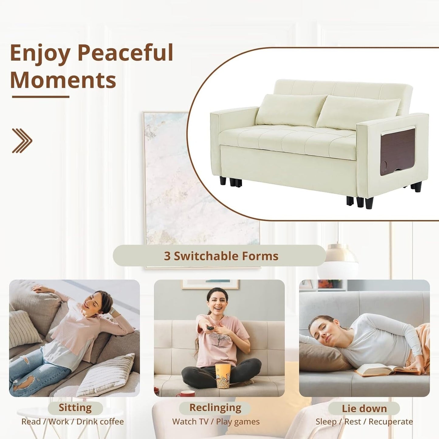 Canapé convertible en velours de 55 pouces, canapé futon 3 en 1 avec lit gigogne, table d'appoint à dossier réglable et 2 coussins lombaires