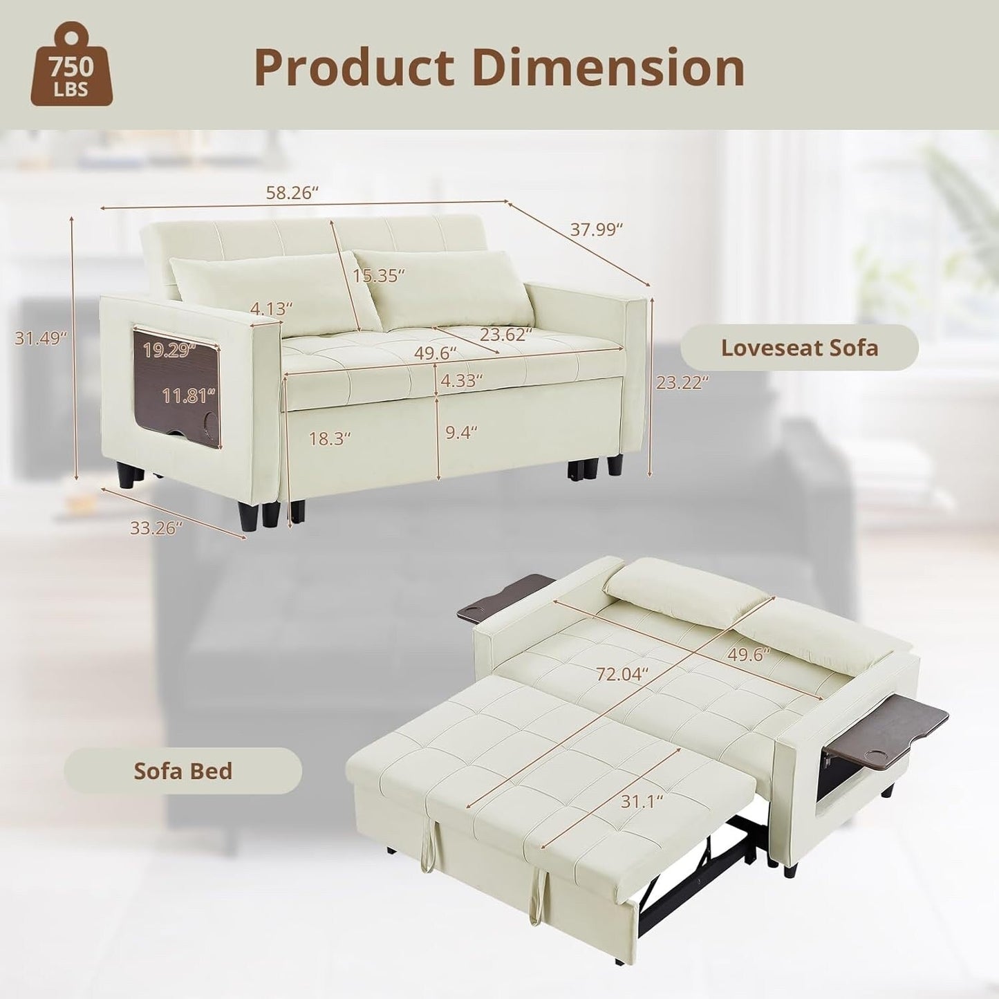 Canapé convertible en velours de 55 pouces, canapé futon 3 en 1 avec lit gigogne, table d'appoint à dossier réglable et 2 coussins lombaires