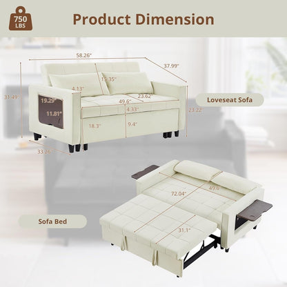 Canapé convertible en velours de 55 pouces, canapé futon 3 en 1 avec lit gigogne, table d'appoint à dossier réglable et 2 coussins lombaires