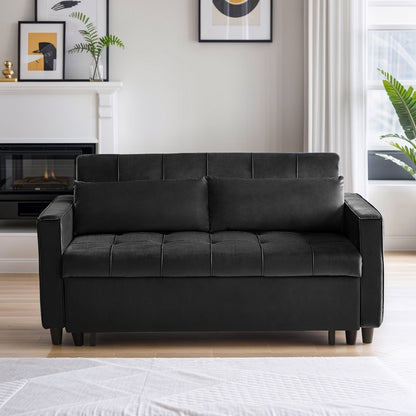 Canapé convertible en velours de 55 pouces, canapé futon 3 en 1 avec lit gigogne, table d'appoint à dossier réglable et 2 coussins lombaires