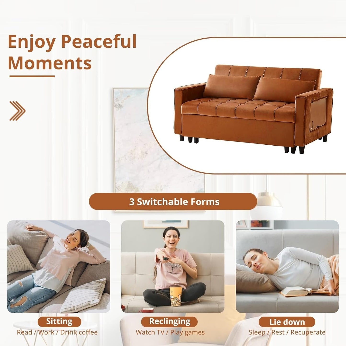 Canapé convertible en velours de 55 pouces, canapé futon 3 en 1 avec lit gigogne, table d'appoint à dossier réglable et 2 coussins lombaires