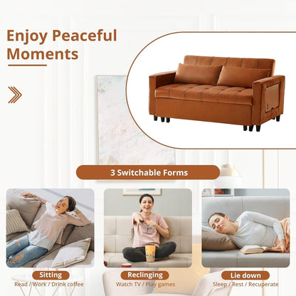 Canapé convertible en velours de 55 pouces, canapé futon 3 en 1 avec lit gigogne, table d'appoint à dossier réglable et 2 coussins lombaires
