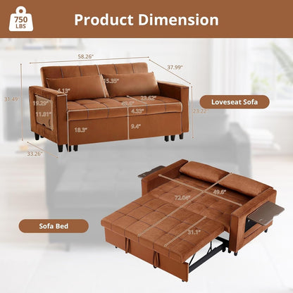 Canapé convertible en velours de 55 pouces, canapé futon 3 en 1 avec lit gigogne, table d'appoint à dossier réglable et 2 coussins lombaires