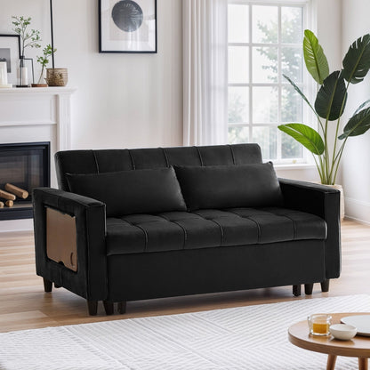 Canapé convertible en velours de 55 pouces, canapé futon 3 en 1 avec lit gigogne, table d'appoint à dossier réglable et 2 coussins lombaires