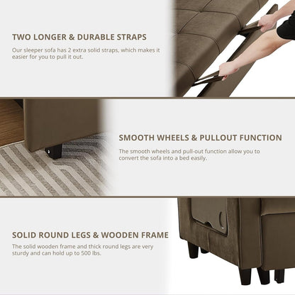 Canapé convertible en velours de 55 pouces, canapé futon 3 en 1 avec lit gigogne, table d'appoint à dossier réglable et 2 coussins lombaires