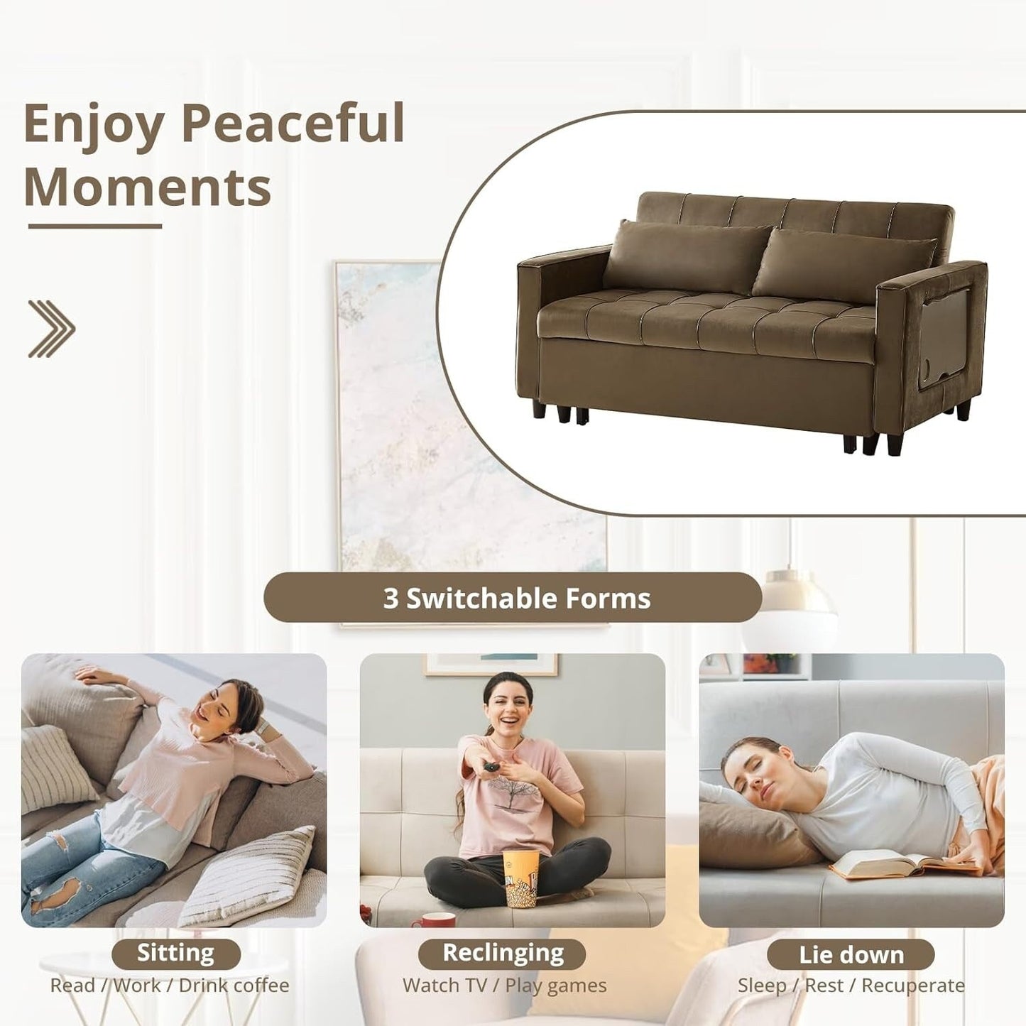 Canapé convertible en velours de 55 pouces, canapé futon 3 en 1 avec lit gigogne, table d'appoint à dossier réglable et 2 coussins lombaires