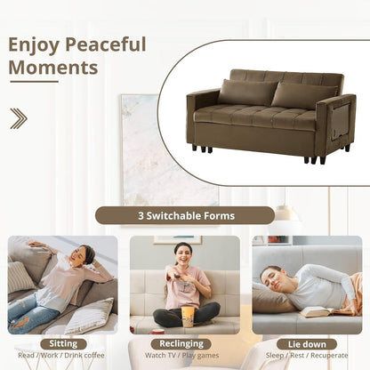 Canapé convertible en velours de 55 pouces, canapé futon 3 en 1 avec lit gigogne, table d'appoint à dossier réglable et 2 coussins lombaires
