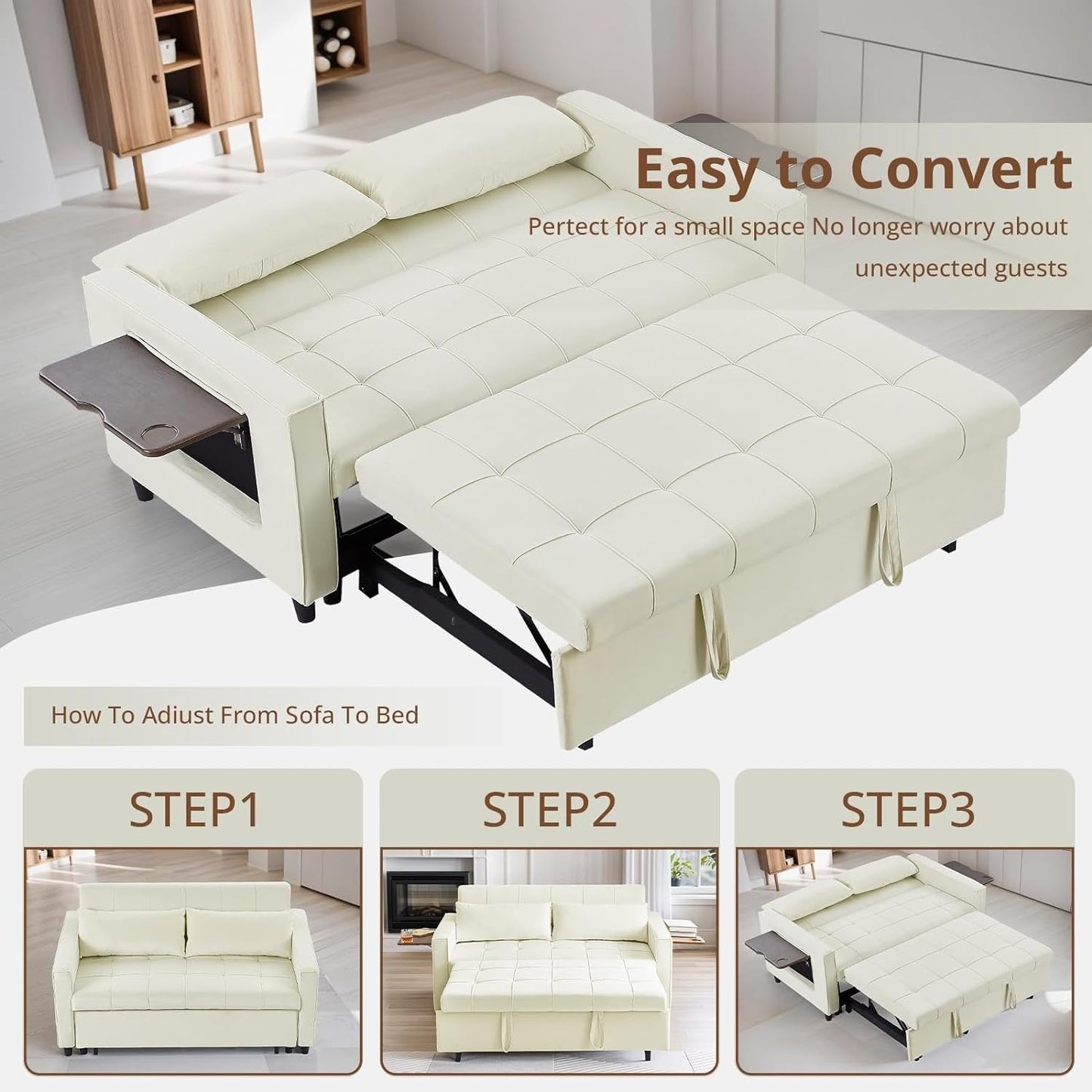 Canapé convertible en velours de 55 pouces, canapé futon 3 en 1 avec lit gigogne, table d'appoint à dossier réglable et 2 coussins lombaires