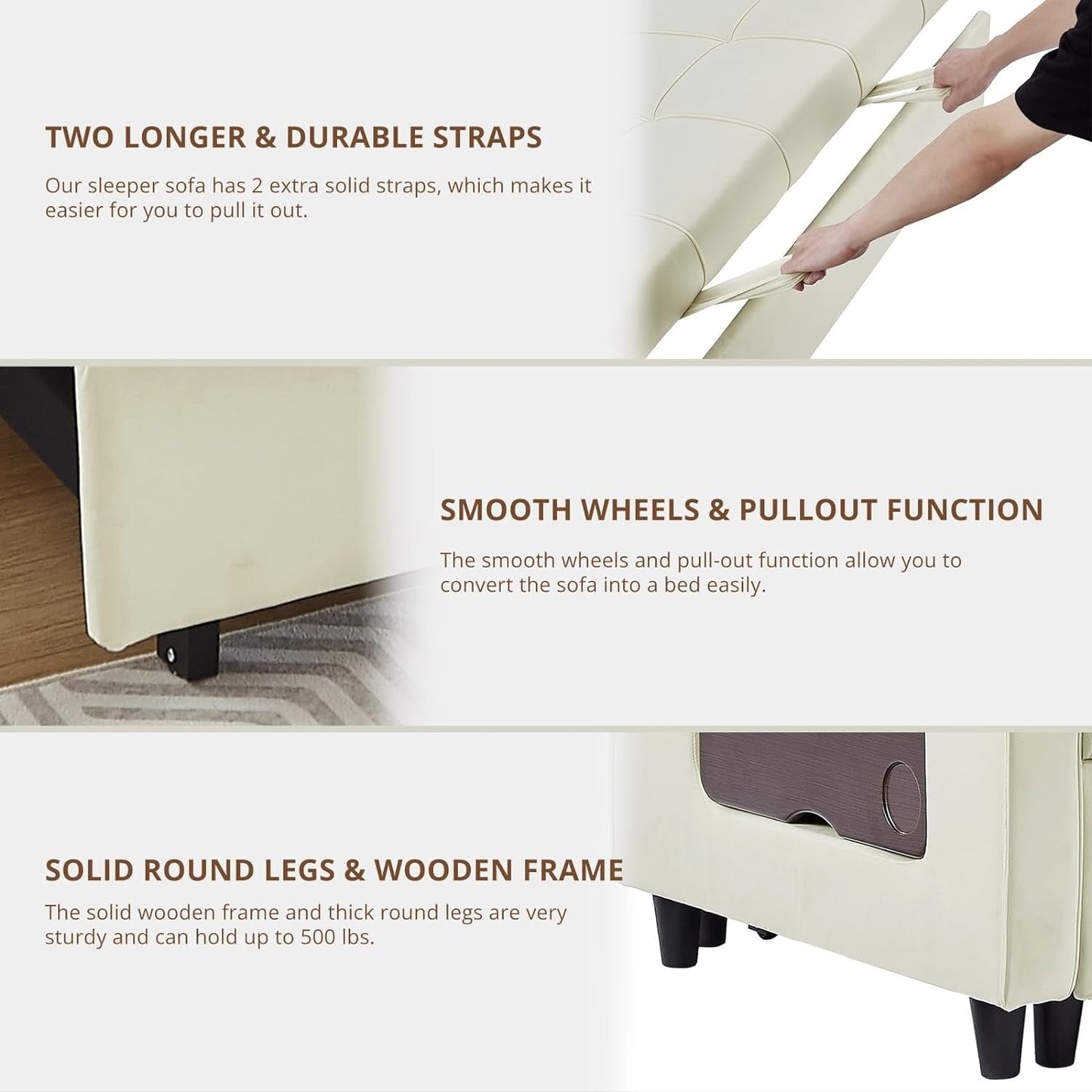 Canapé convertible en velours de 55 pouces, canapé futon 3 en 1 avec lit gigogne, table d'appoint à dossier réglable et 2 coussins lombaires