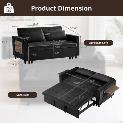 Canapé convertible en velours de 55 pouces, canapé futon 3 en 1 avec lit gigogne, table d'appoint à dossier réglable et 2 coussins lombaires