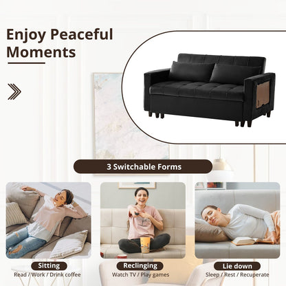 Canapé convertible en velours de 55 pouces, canapé futon 3 en 1 avec lit gigogne, table d'appoint à dossier réglable et 2 coussins lombaires