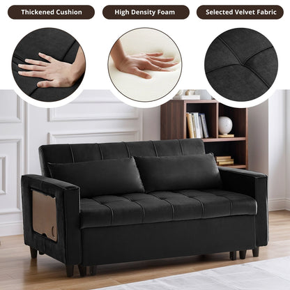 Canapé convertible en velours de 55 pouces, canapé futon 3 en 1 avec lit gigogne, table d'appoint à dossier réglable et 2 coussins lombaires