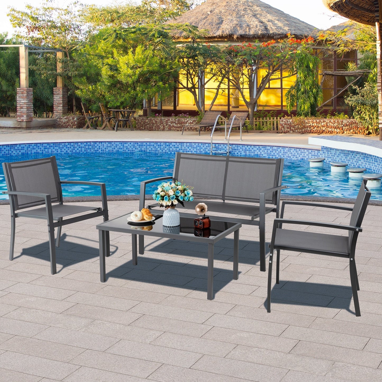Ensemble de meubles de patio extérieur Futzca 4 pièces, ensemble de patio bistro en textilène