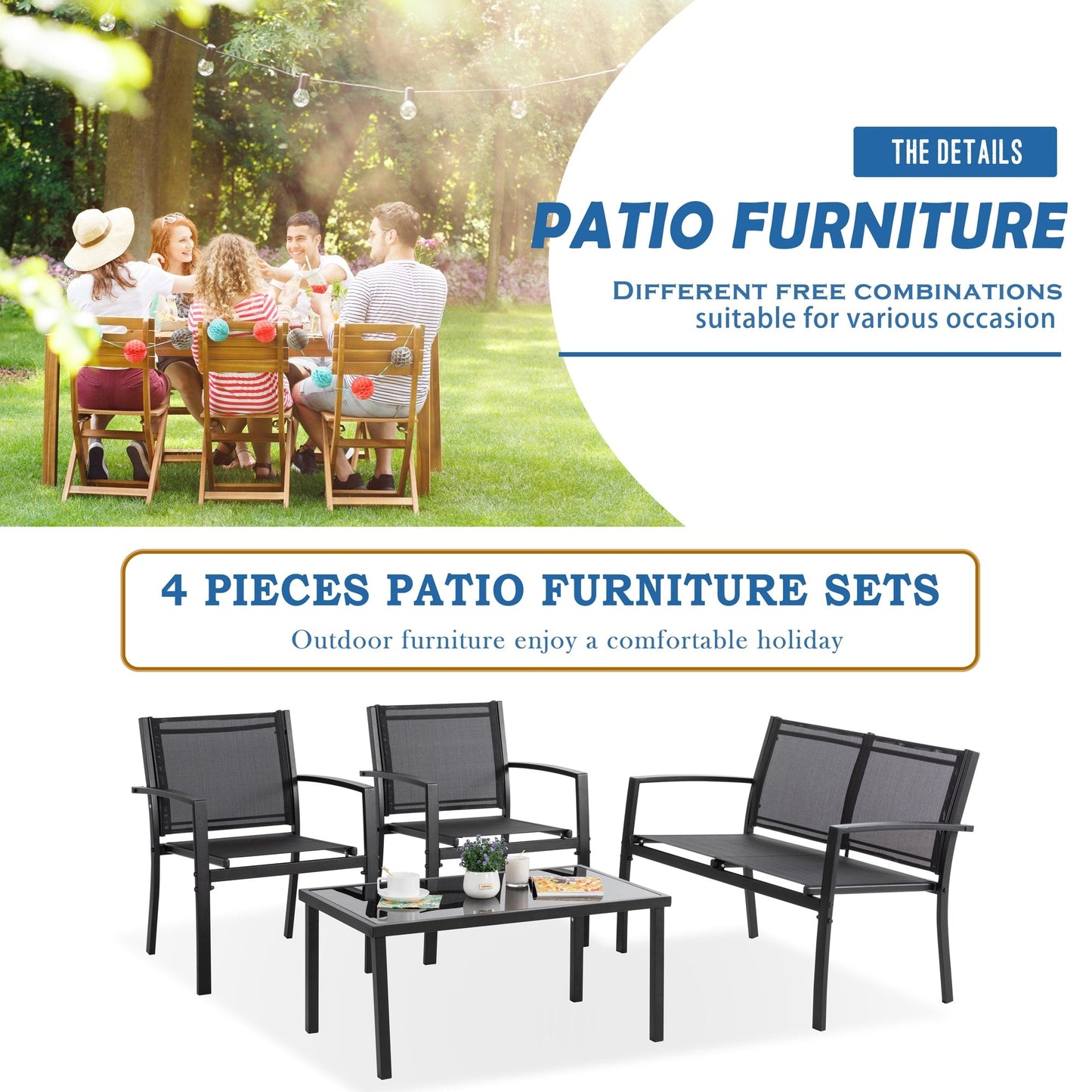 Ensemble de meubles de patio extérieur Futzca 4 pièces, ensemble de patio bistro en textilène