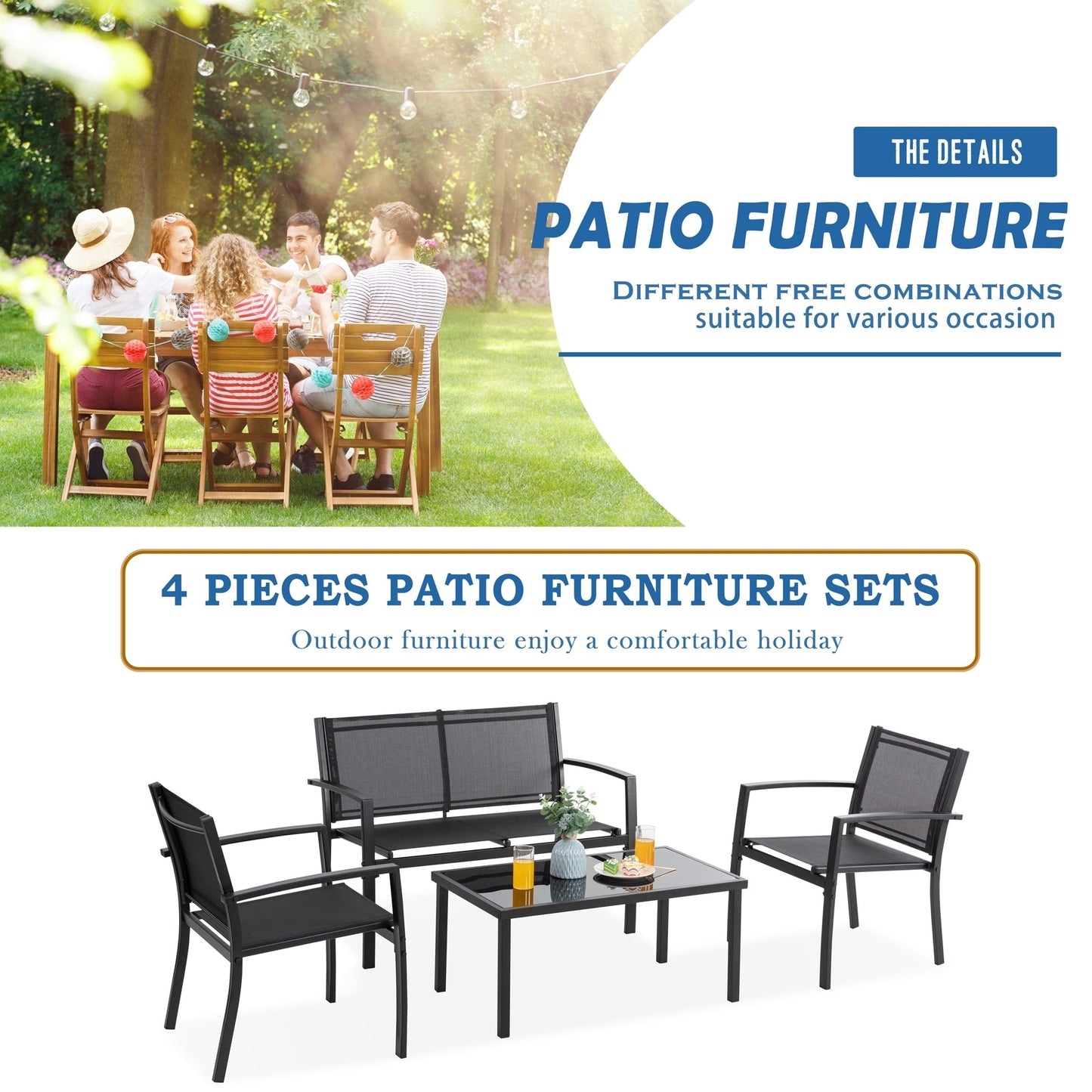 Ensemble de meubles de patio extérieur Futzca 4 pièces, ensemble de patio bistro en textilène