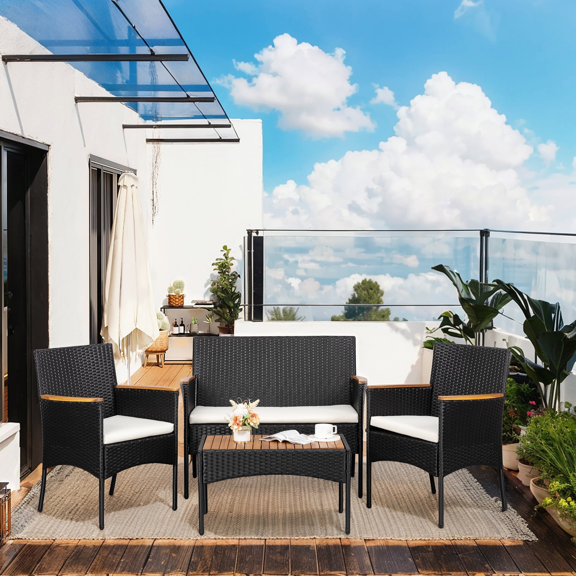 Ensemble de meubles de jardin Futzca 4 pièces avec chaises en rotin et osier