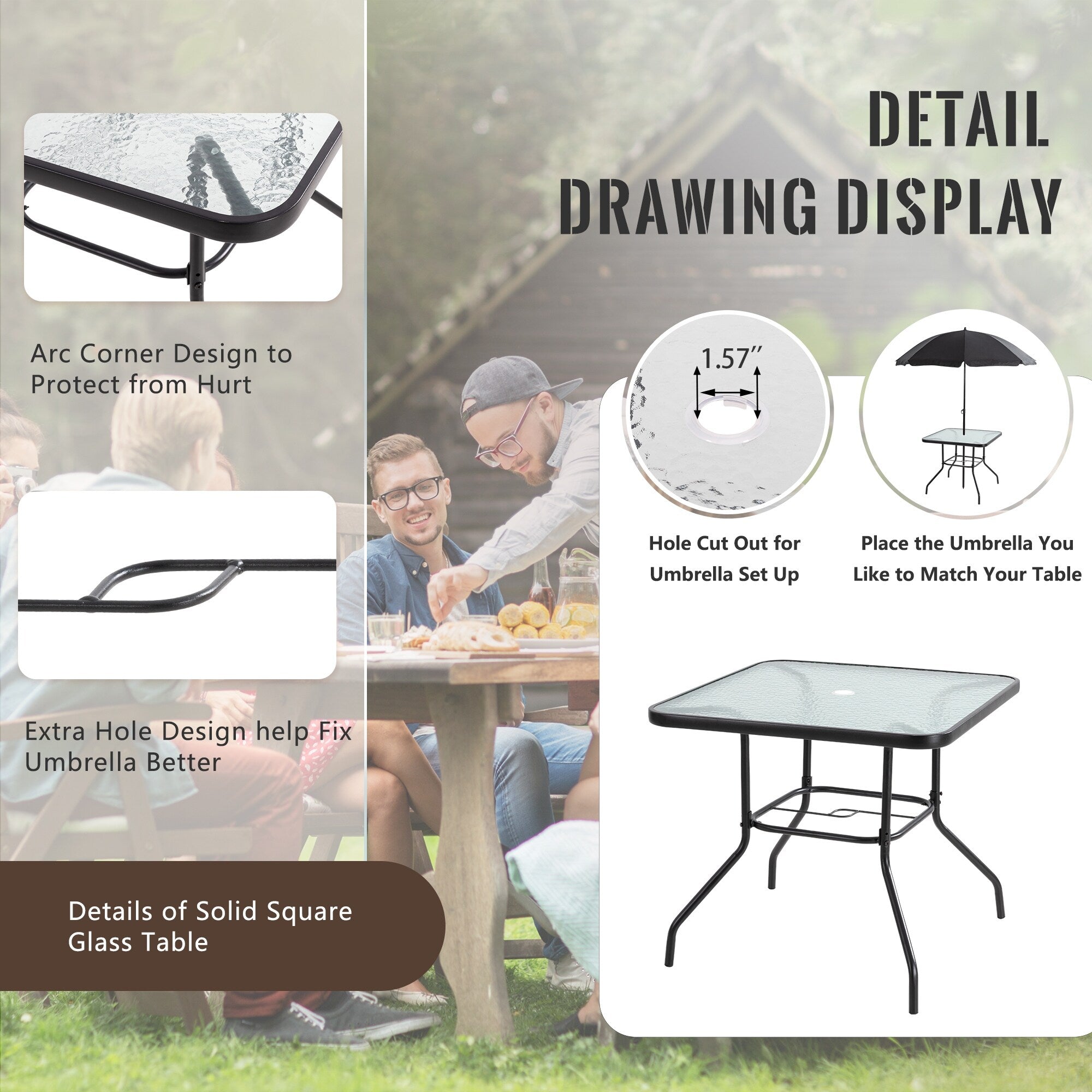 Ensemble de salle à manger pliant Futzca, mobilier de jardin avec parasol, table en verre et 4 chaises pliantes