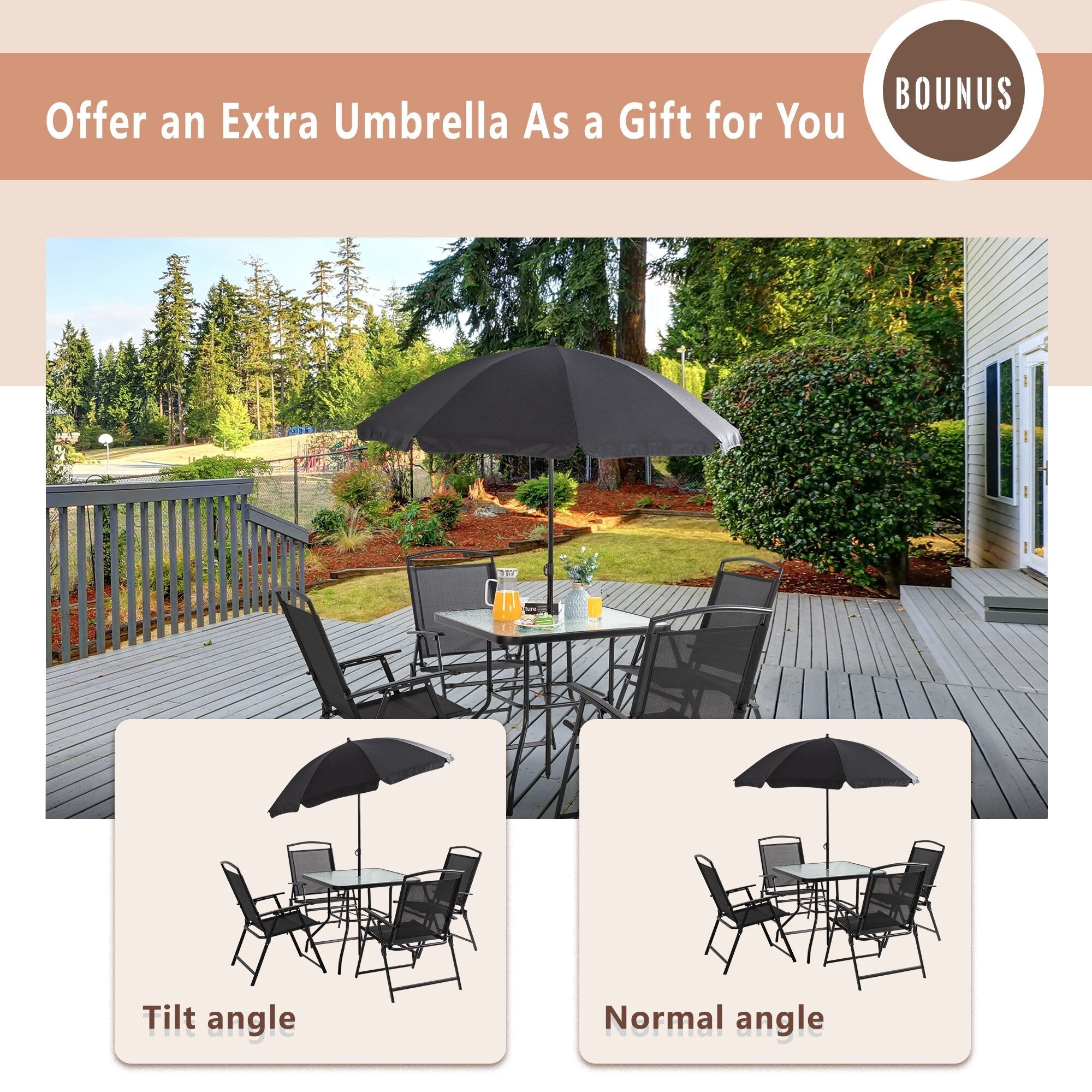 Ensemble de salle à manger pliant Futzca, mobilier de jardin avec parasol, table en verre et 4 chaises pliantes