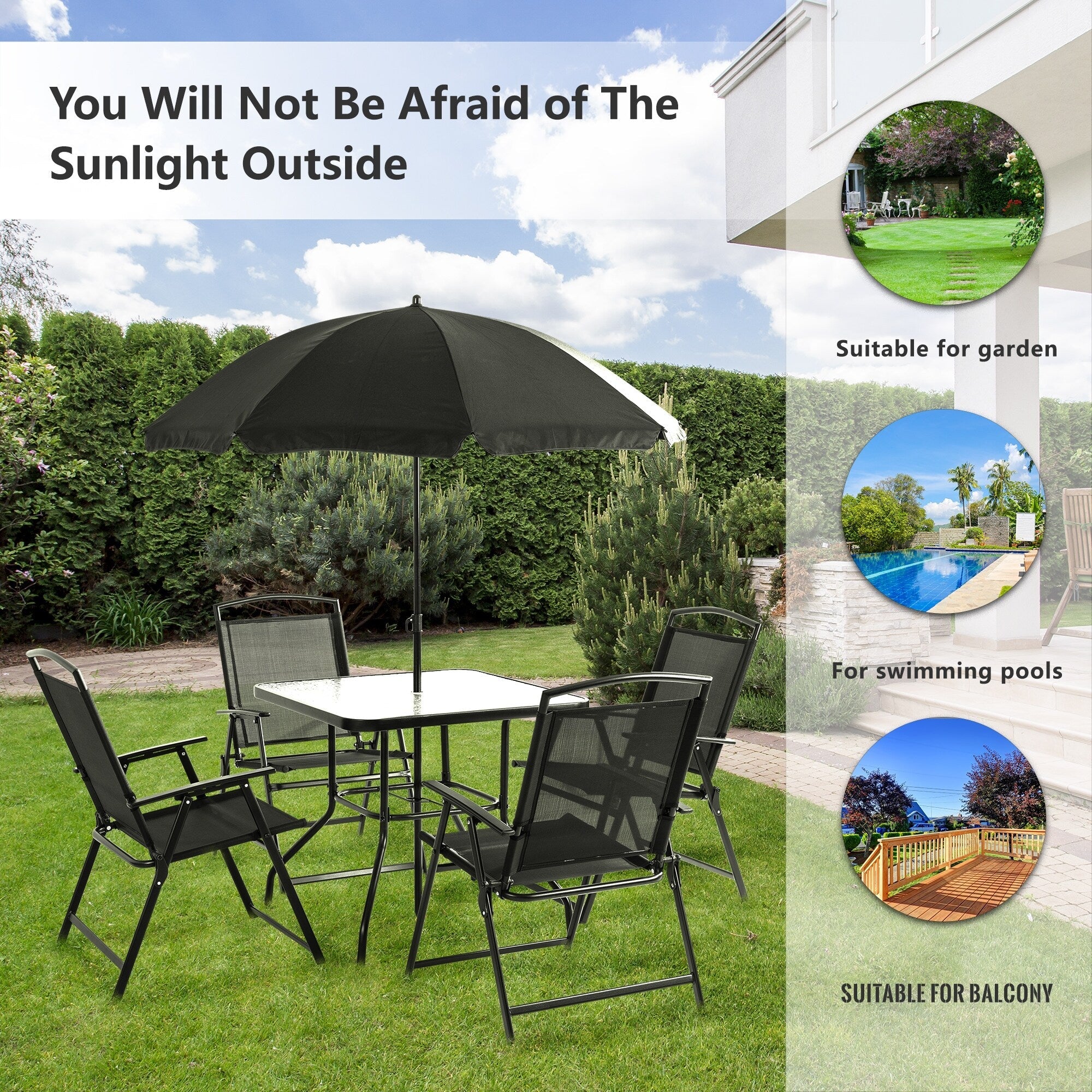 Ensemble de salle à manger pliant Futzca, mobilier de jardin avec parasol, table en verre et 4 chaises pliantes