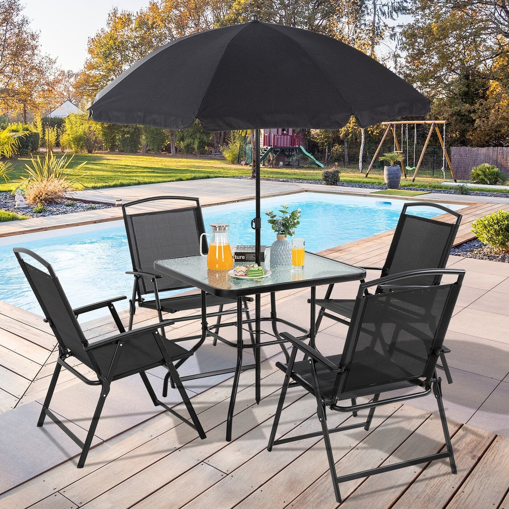 Ensemble de salle à manger pliant Futzca, mobilier de jardin avec parasol, table en verre et 4 chaises pliantes