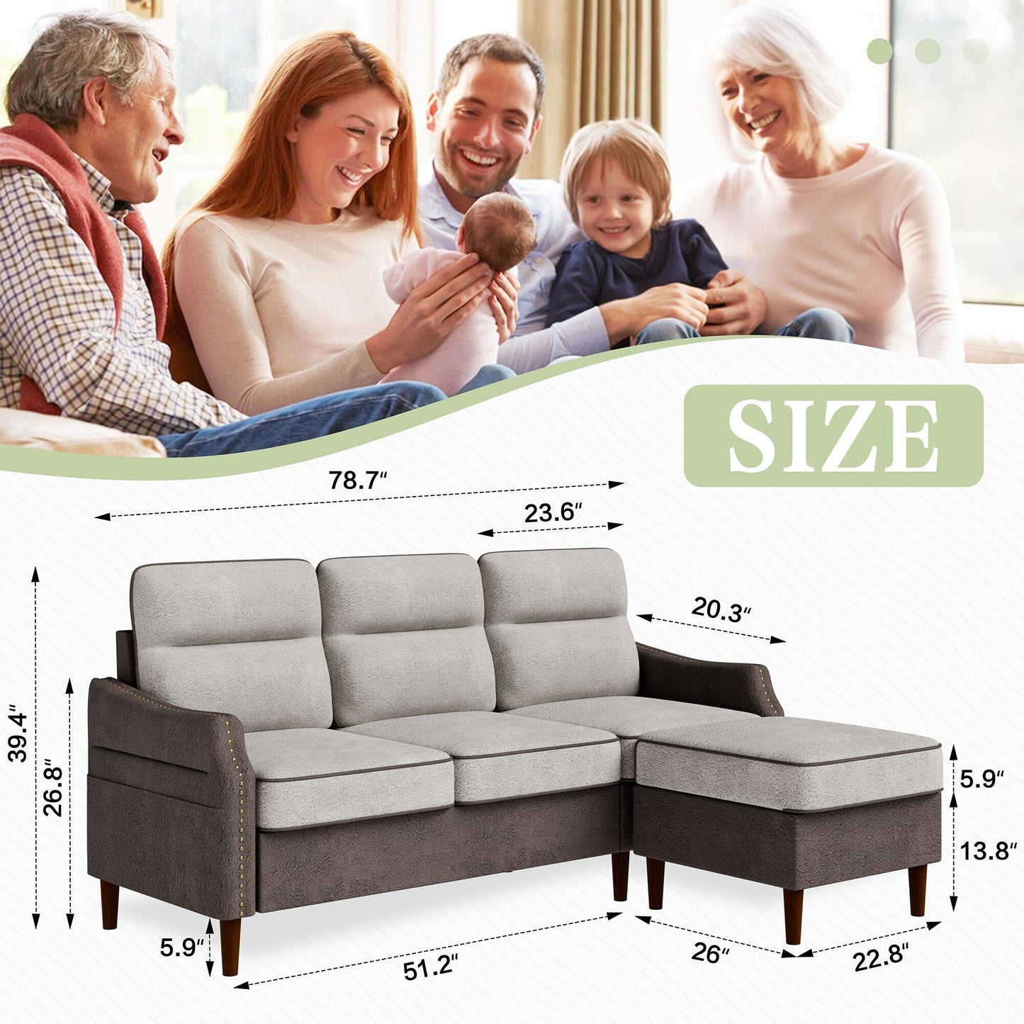 Canapé en L Futzca 78 pouces avec pouf et sac de rangement latéral