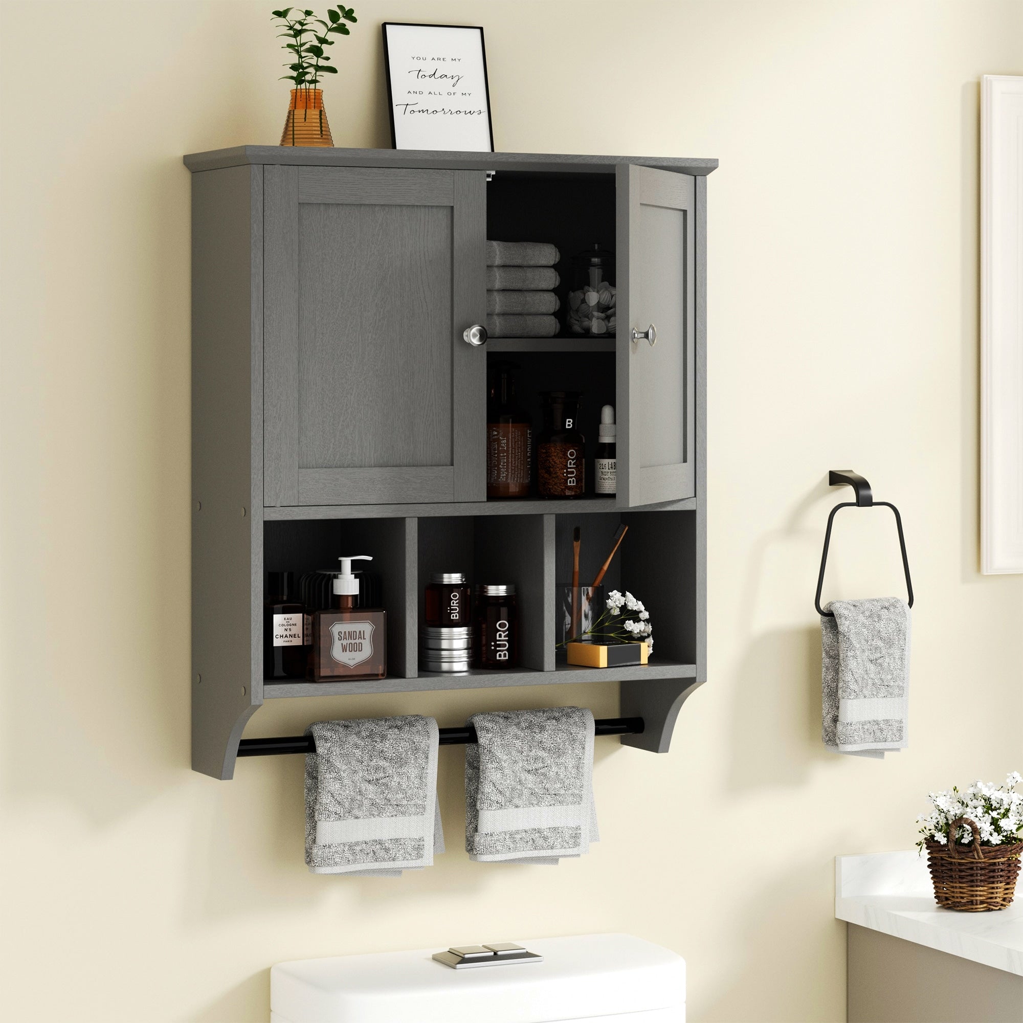 Meuble de salle de bain Futzca mural, meuble de rangement avec portes et étagères