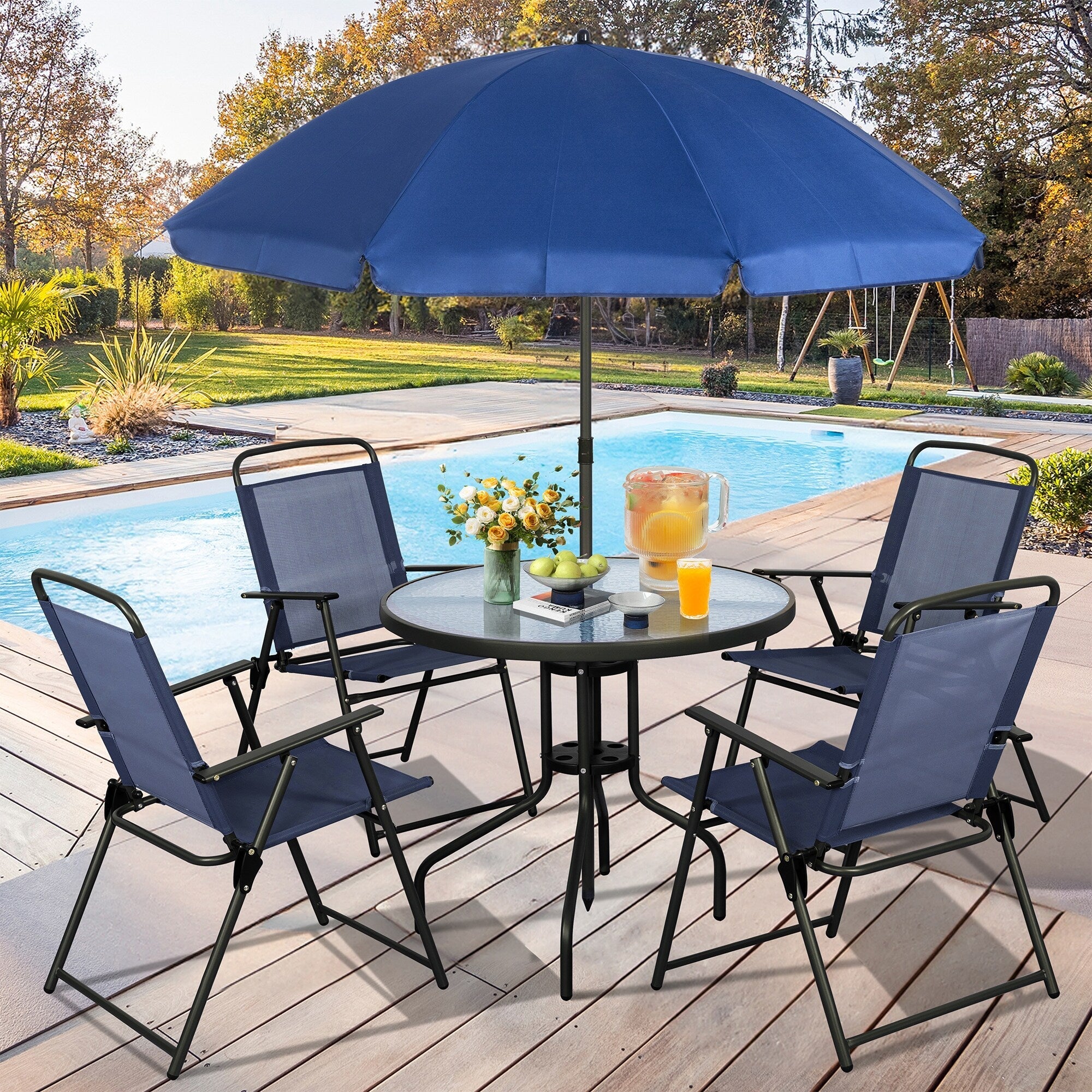 Ensemble de salle à manger pliant Futzca, mobilier de jardin avec parasol, table en verre et 4 chaises pliantes