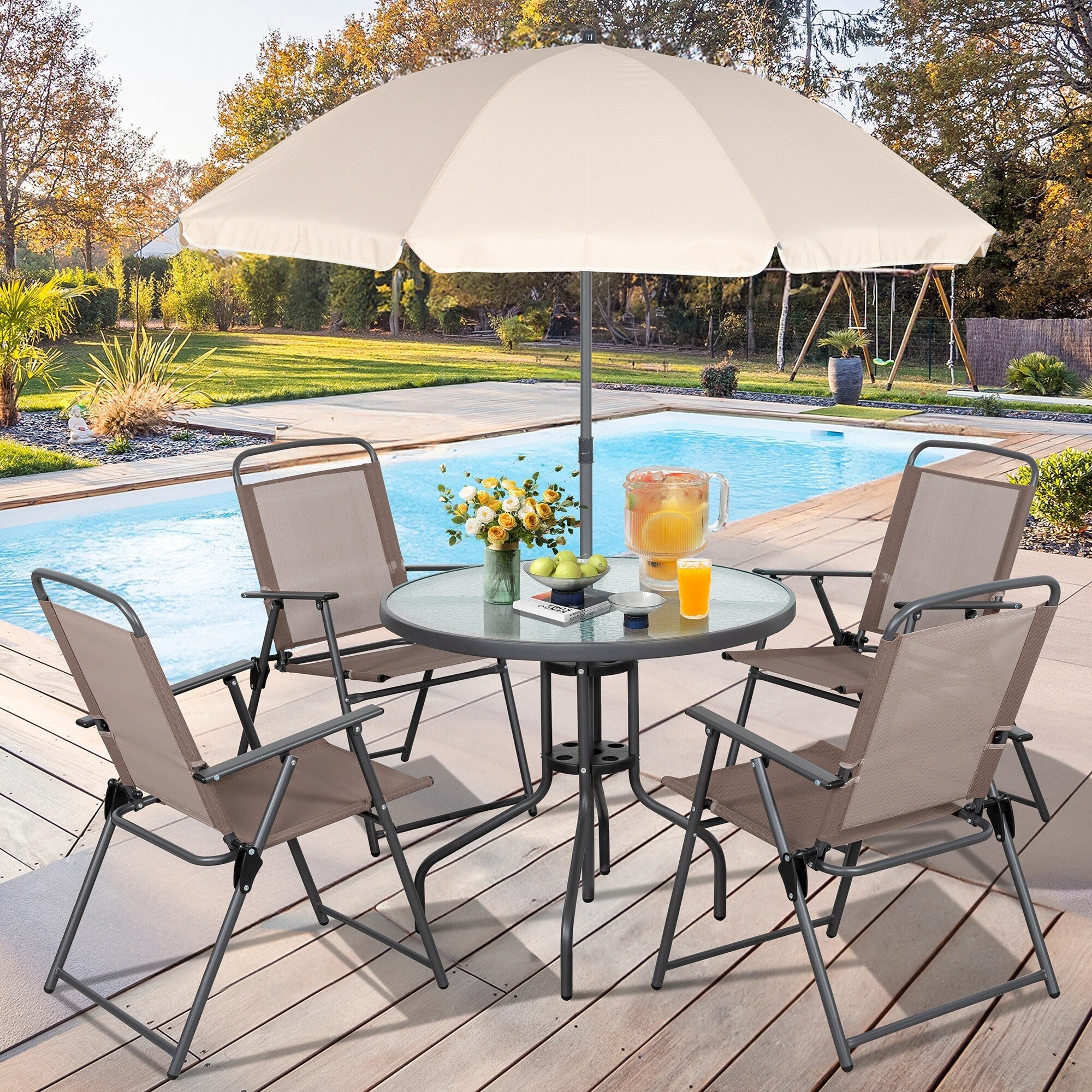 Ensemble de salle à manger pliant Futzca, mobilier de jardin avec parasol, table en verre et 4 chaises pliantes