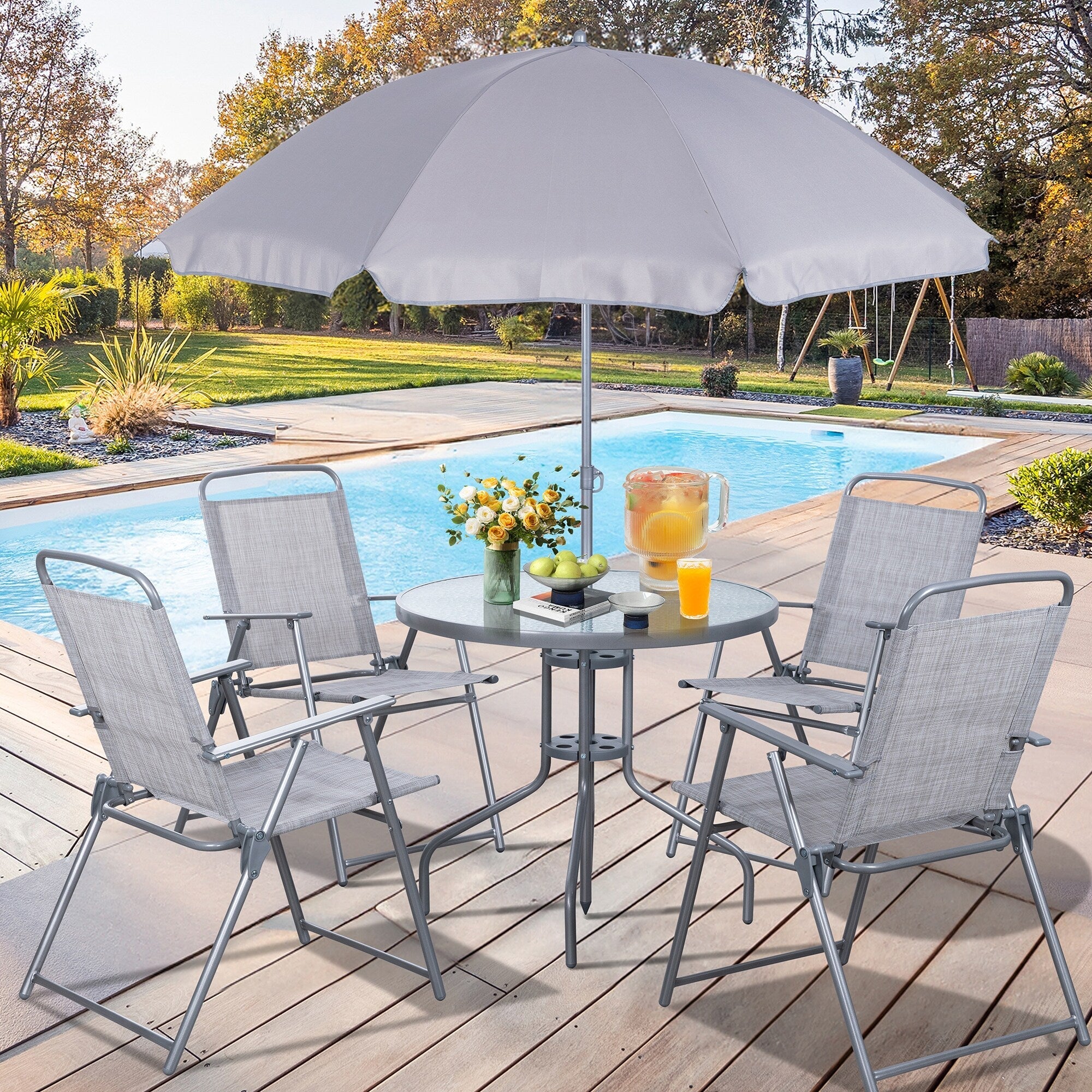 Ensemble de salle à manger pliant Futzca, mobilier de jardin avec parasol, table en verre et 4 chaises pliantes