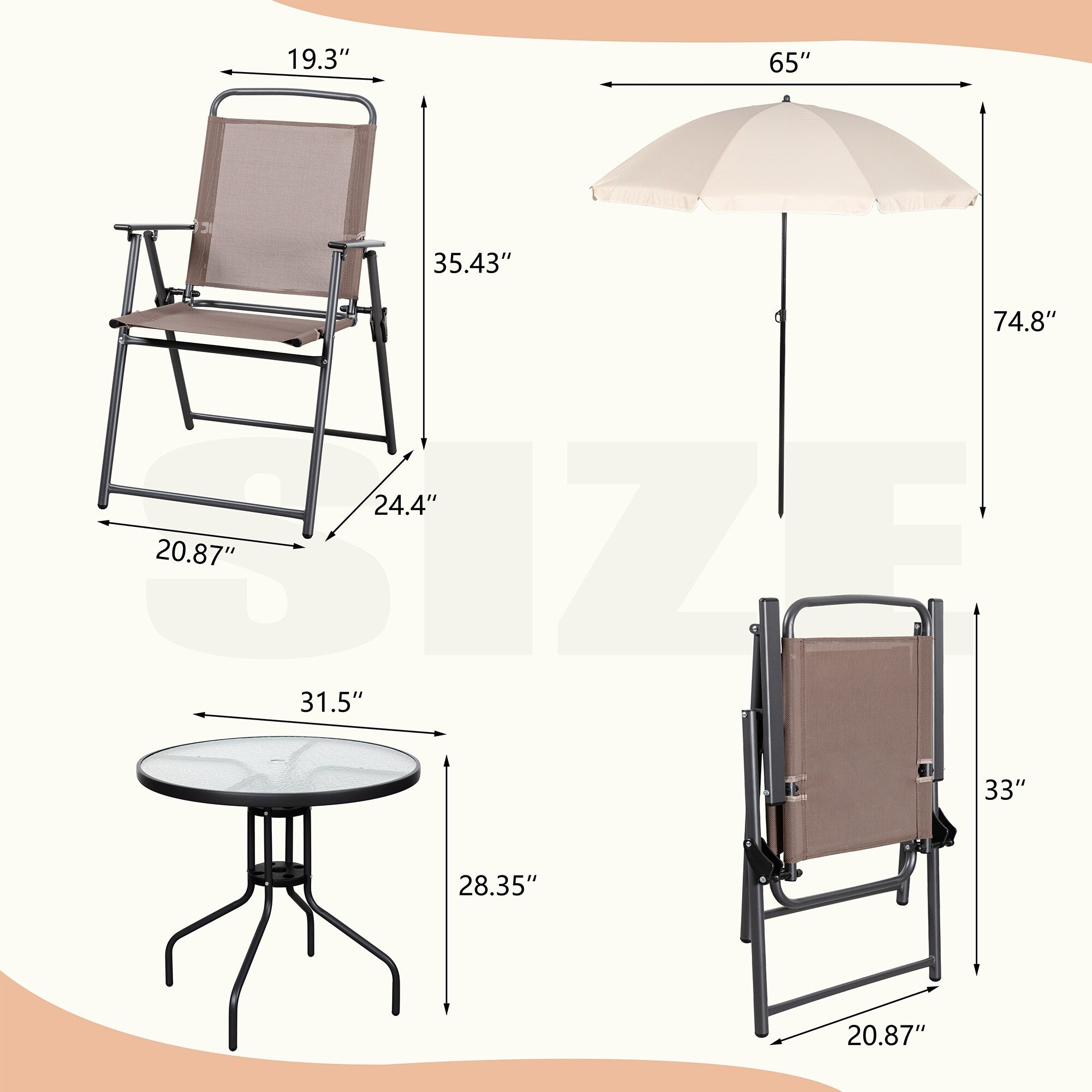 Ensemble de salle à manger pliant Futzca, mobilier de jardin avec parasol, table en verre et 4 chaises pliantes