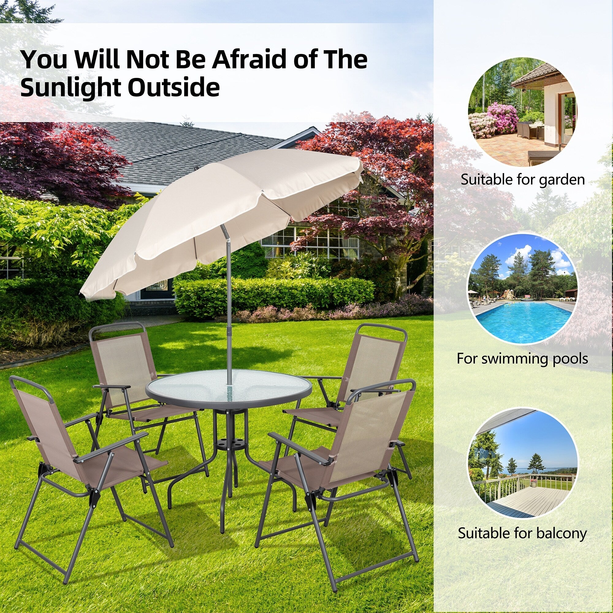 Ensemble de salle à manger pliant Futzca, mobilier de jardin avec parasol, table en verre et 4 chaises pliantes