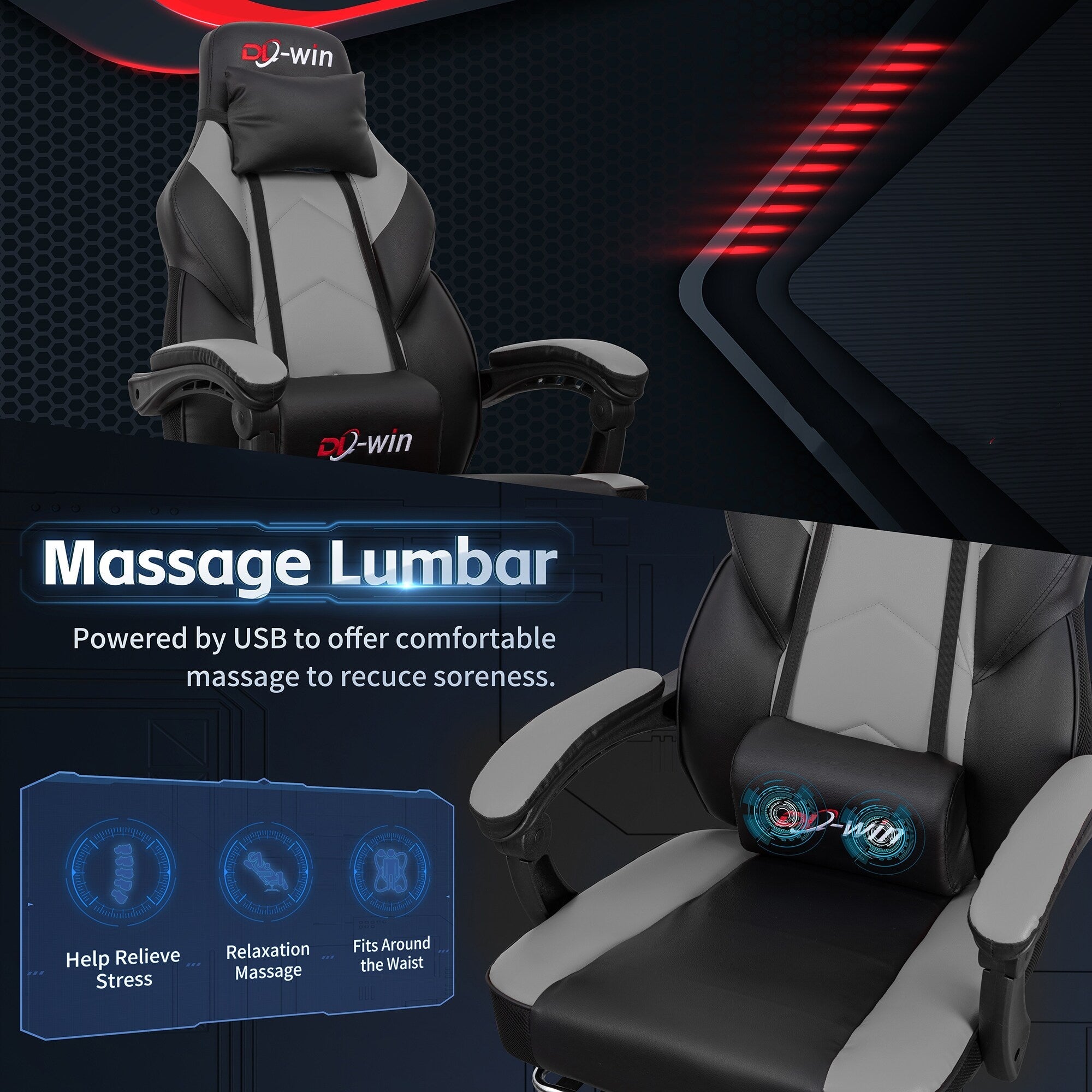 Chaise de bureau gaming Futzca en cuir synthétique avec appui-tête, repose-pieds et support lombaire massant